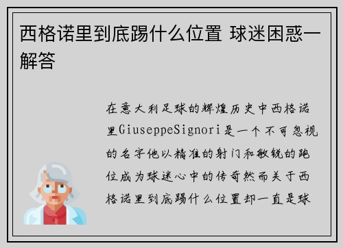 西格诺里到底踢什么位置 球迷困惑一解答